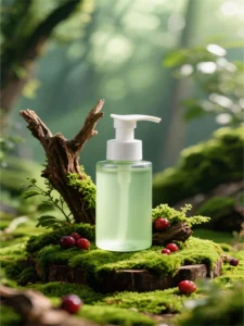 Clear cosmetic pump bottle with green skincare liquid, styled on natural moss and wood slices with cranberries