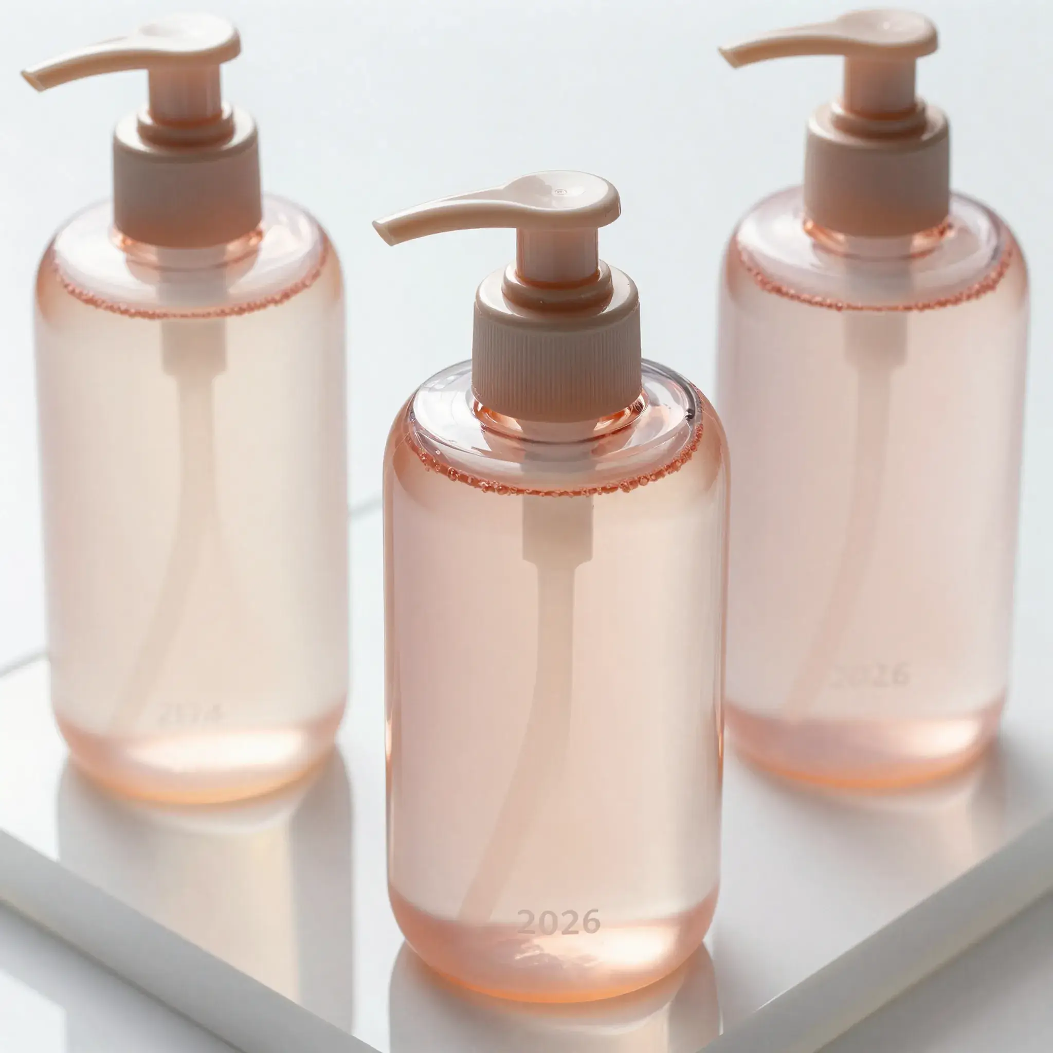 Sustainable skincare packaging: white monomaterial pumps, PETG bottles, & branded serum sets
