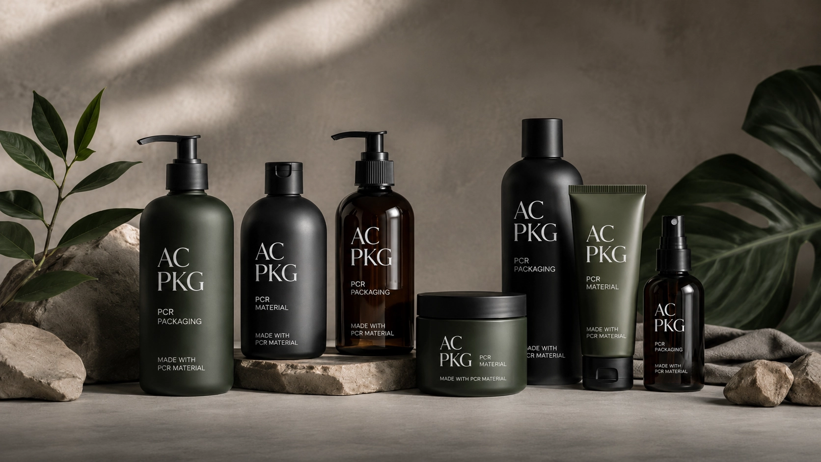 Dark PCR skincare packaging bottles with AC PKG logo
