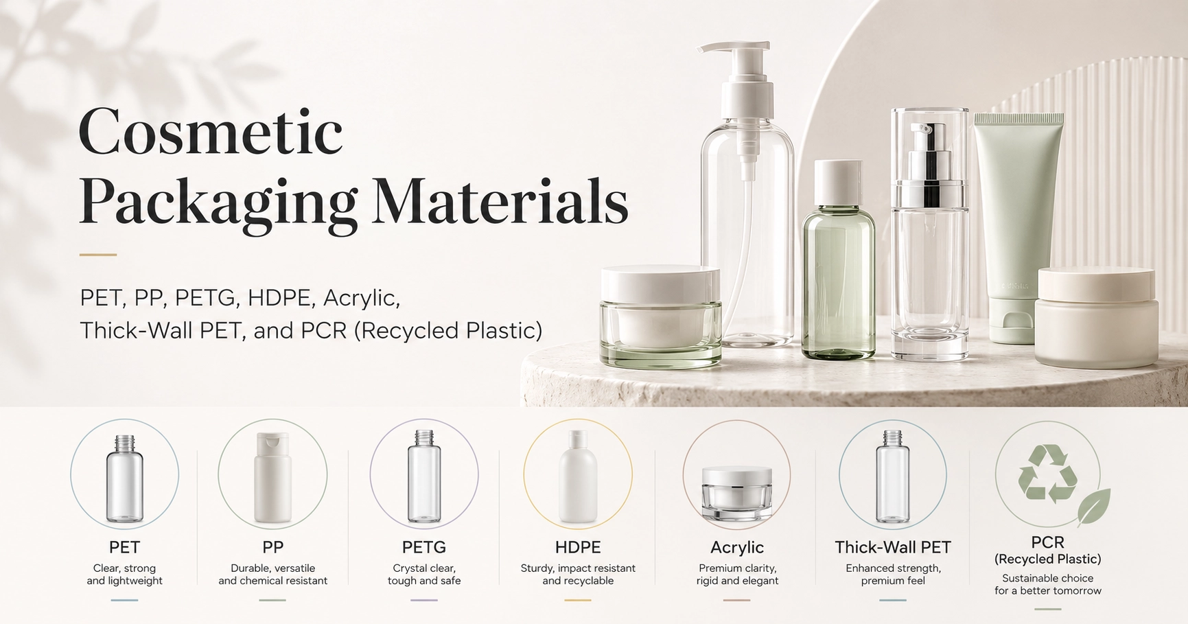 Custom cosmetic packaging materials PET PP PETG HDPE PCR