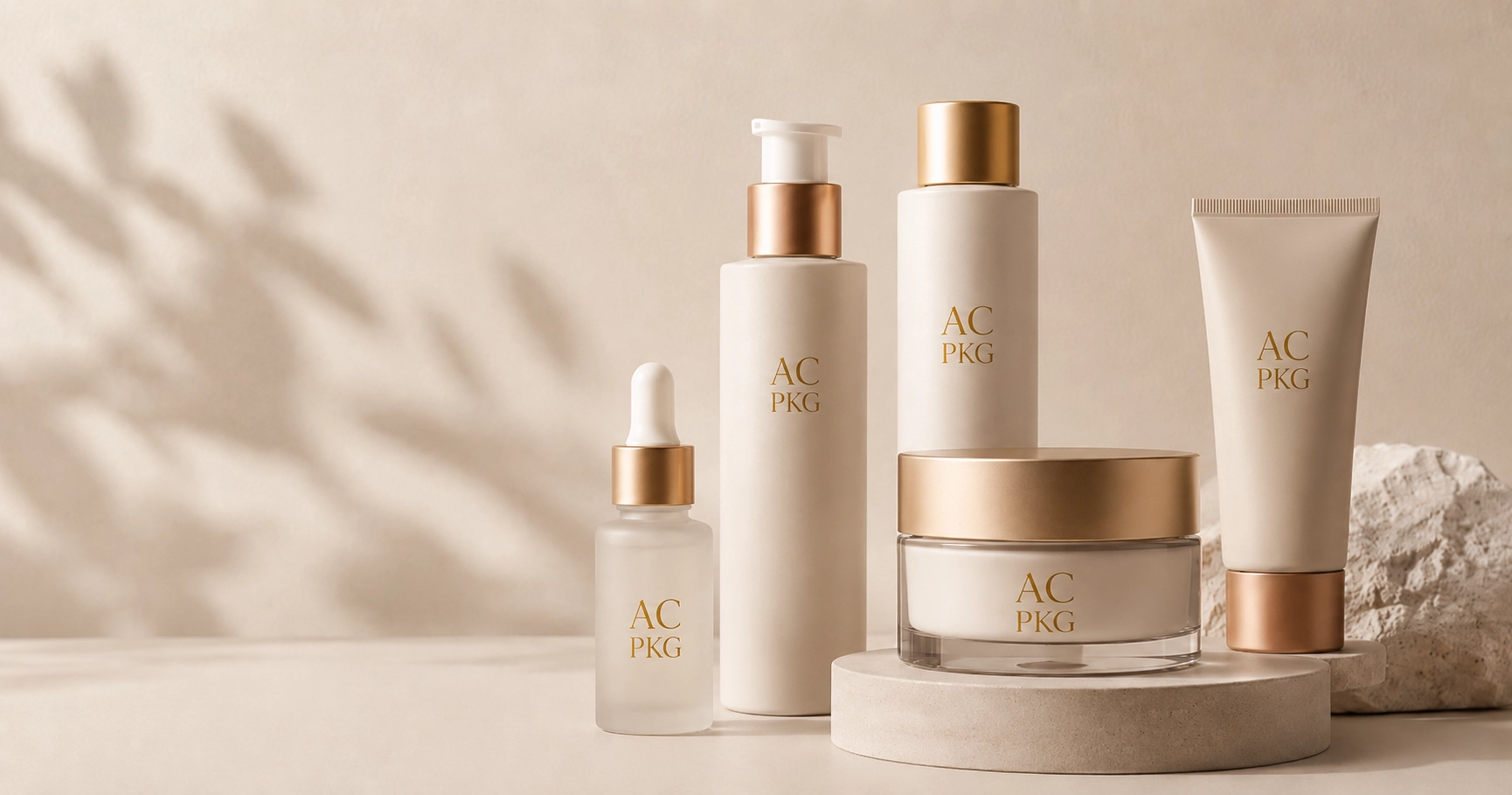 Premium skincare packaging set with gold AC PKG logo