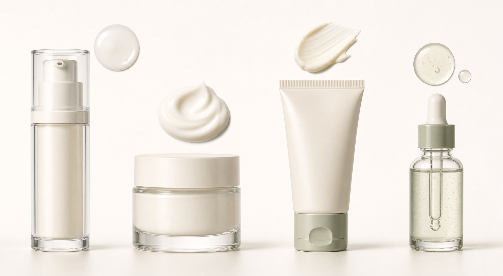 Airless bottle, cream jar, cosmetic tube and serum dropper packaging formats